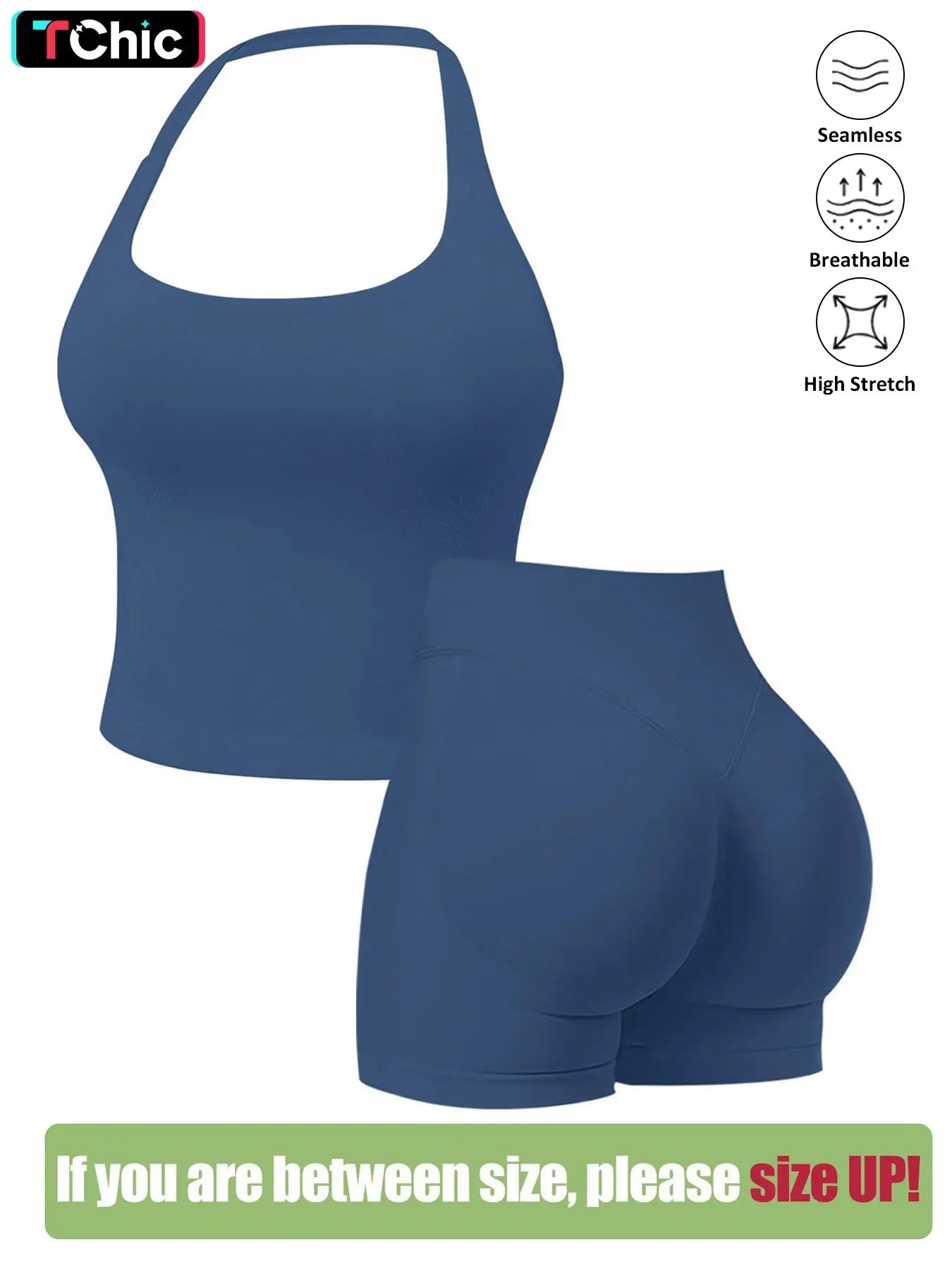 Seamless Workout Halter Tank Top & Gym Scrunched Shorts Sports Set